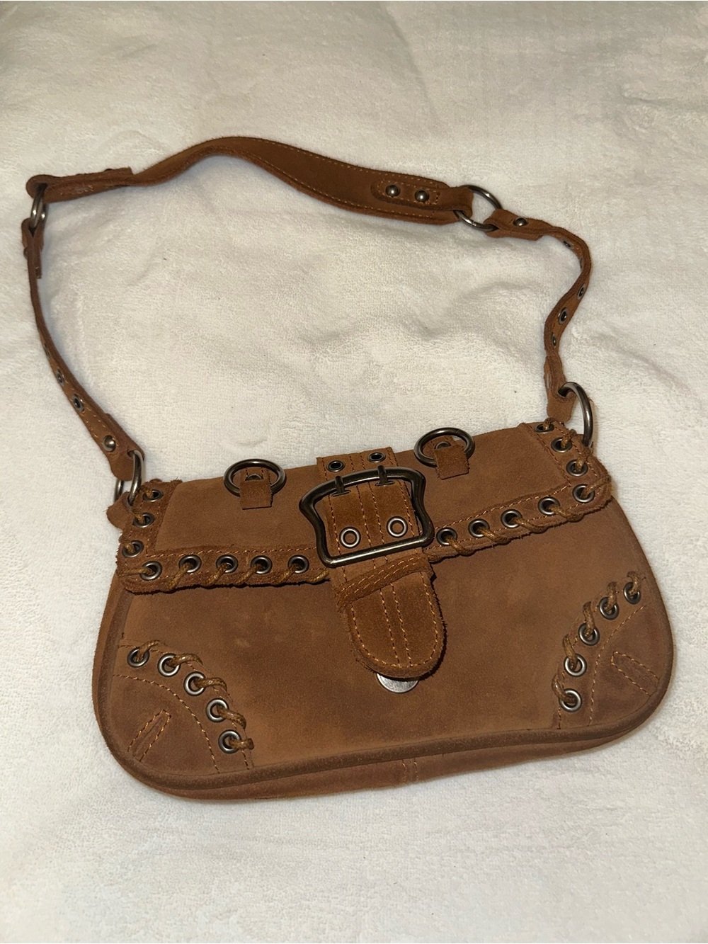 BDG Tan Suede Grommet-Trim Shoulder Bag